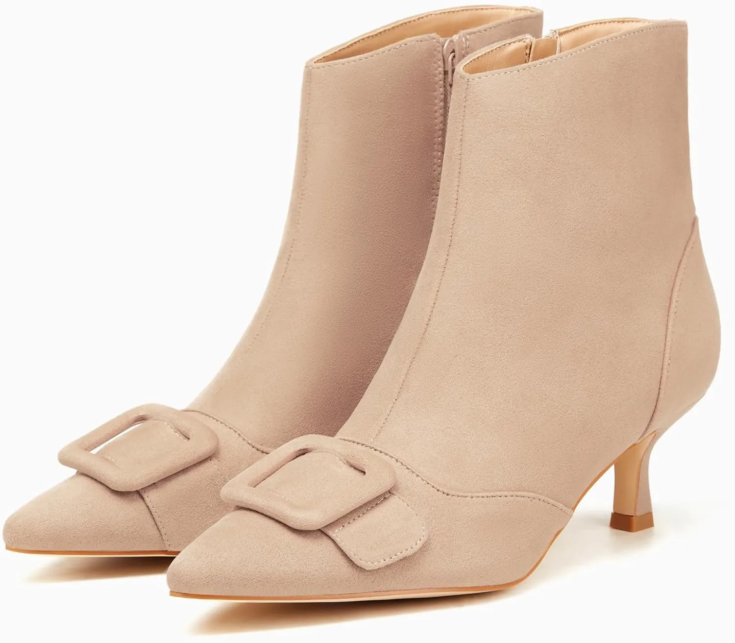 Coutgo Women's Kitten Heel Ankle Boots Pointed Toe Side Zipper Square Buckle Winter Booties