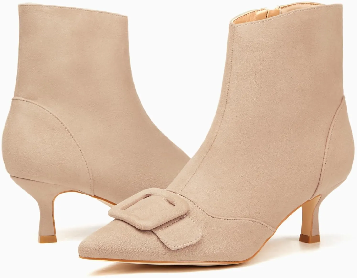 Coutgo Women's Kitten Heel Ankle Boots Pointed Toe Side Zipper Square Buckle Winter Booties