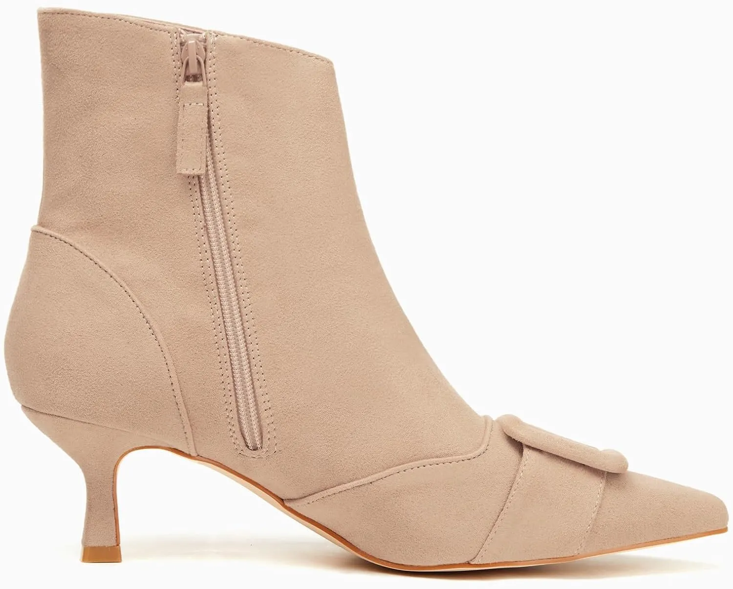 Coutgo Women's Kitten Heel Ankle Boots Pointed Toe Side Zipper Square Buckle Winter Booties