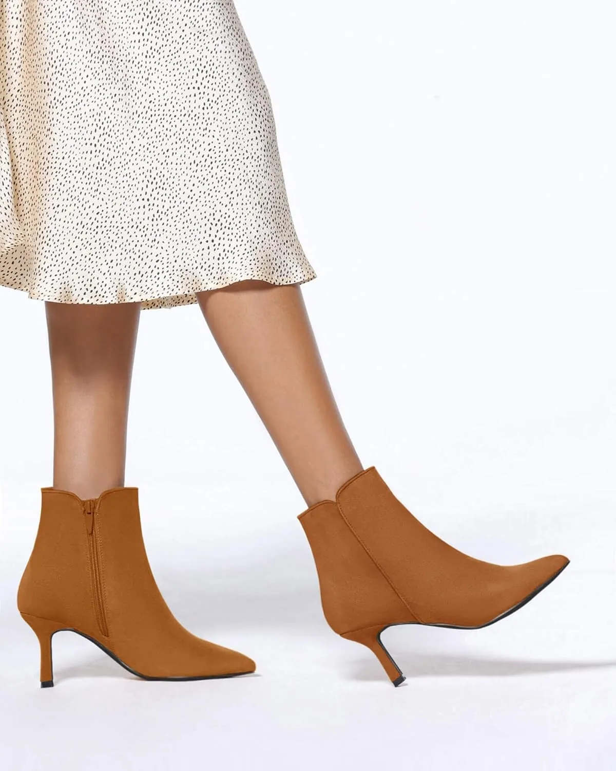 Coutgo Women's Kitten Heel Booties Pointed Toe Low Stiletto Side Zipper Ankle Boots Shoes
