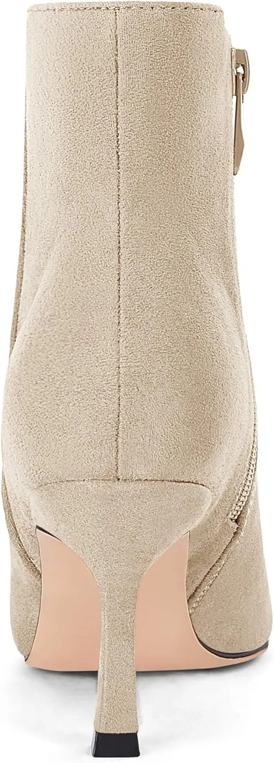 Coutgo Women's Kitten Heel Booties Pointed Toe Low Stiletto Side Zipper Ankle Boots Shoes