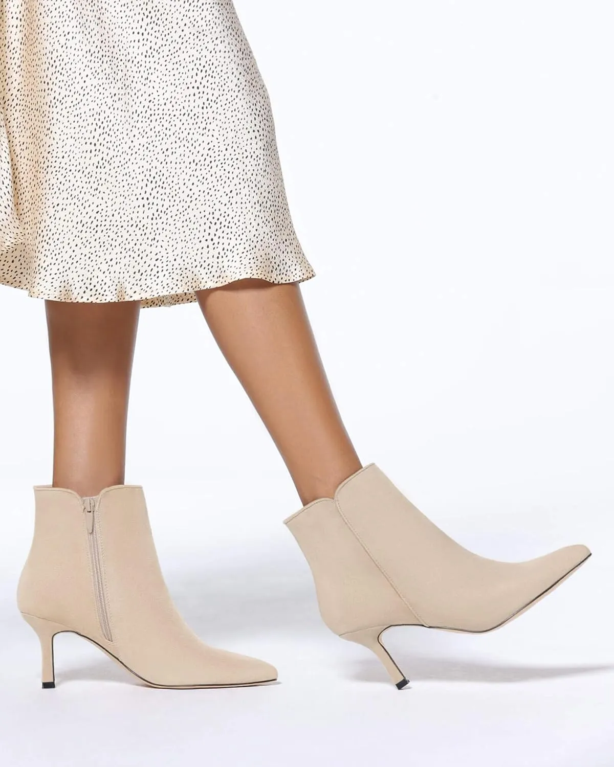 Coutgo Women's Kitten Heel Booties Pointed Toe Low Stiletto Side Zipper Ankle Boots Shoes