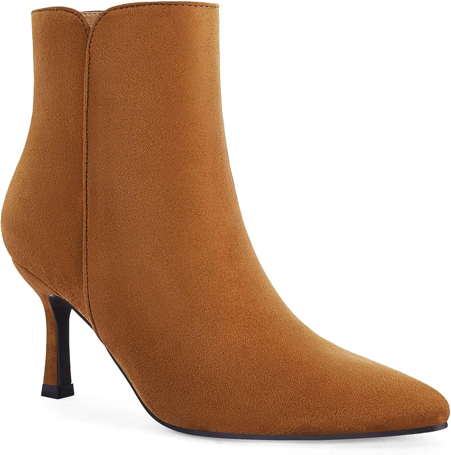 Coutgo Women's Kitten Heel Booties Pointed Toe Low Stiletto Side Zipper Ankle Boots Shoes