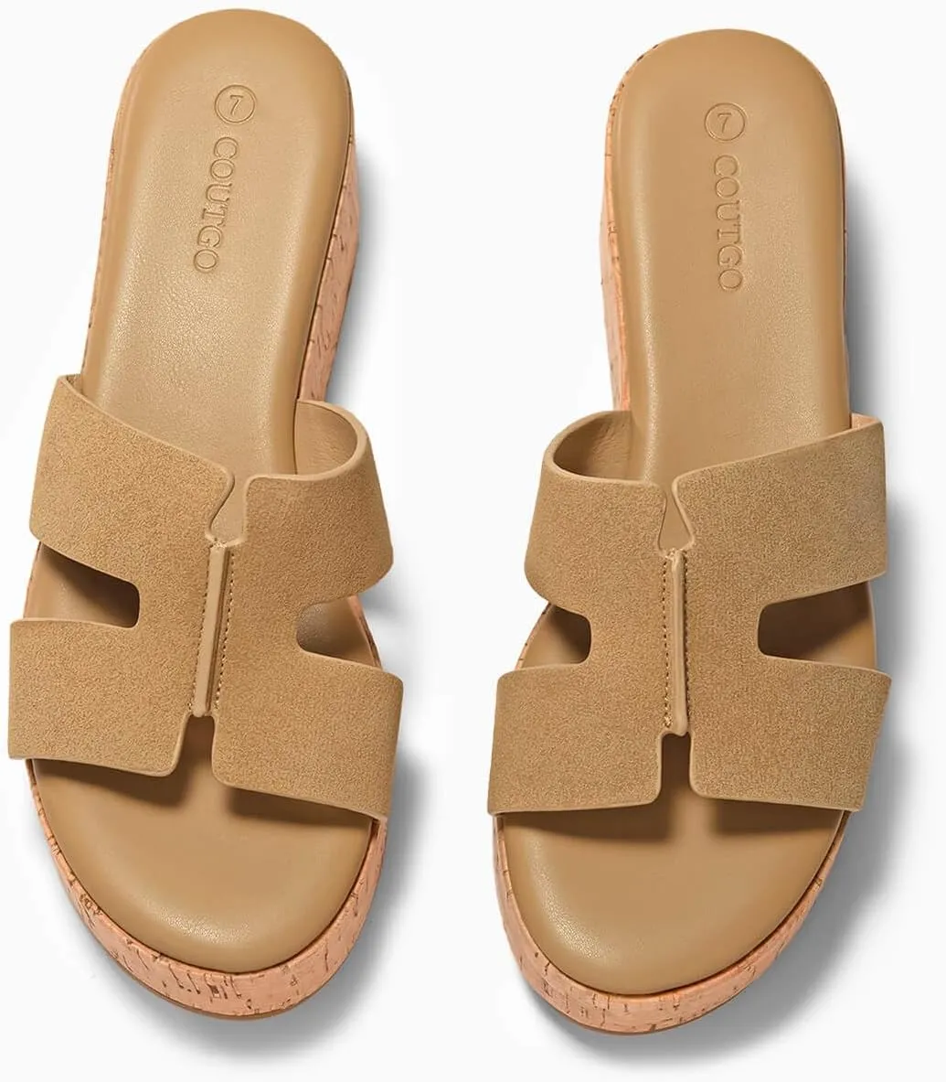 Coutgo Women's Platform Wedge Sandals Open Toe Slip On Slides Cork Heeled Cutout Comfortable Summer Shoes