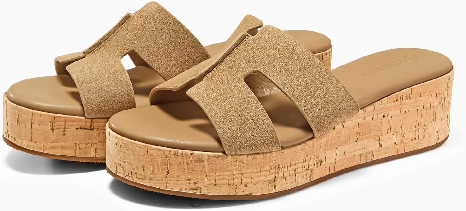 Coutgo Women's Platform Wedge Sandals Open Toe Slip On Slides Cork Heeled Cutout Comfortable Summer Shoes