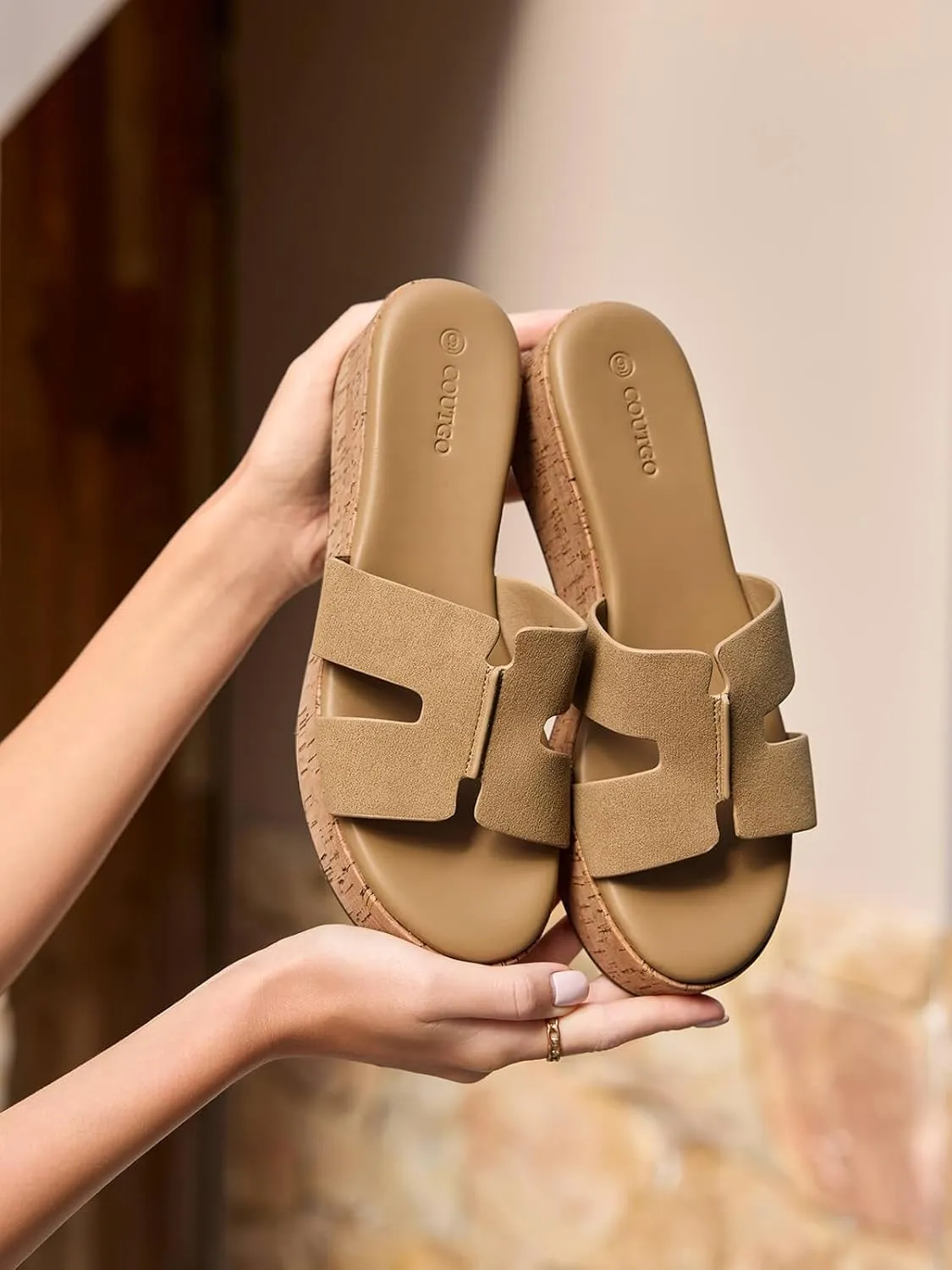 Coutgo Women's Platform Wedge Sandals Open Toe Slip On Slides Cork Heeled Cutout Comfortable Summer Shoes