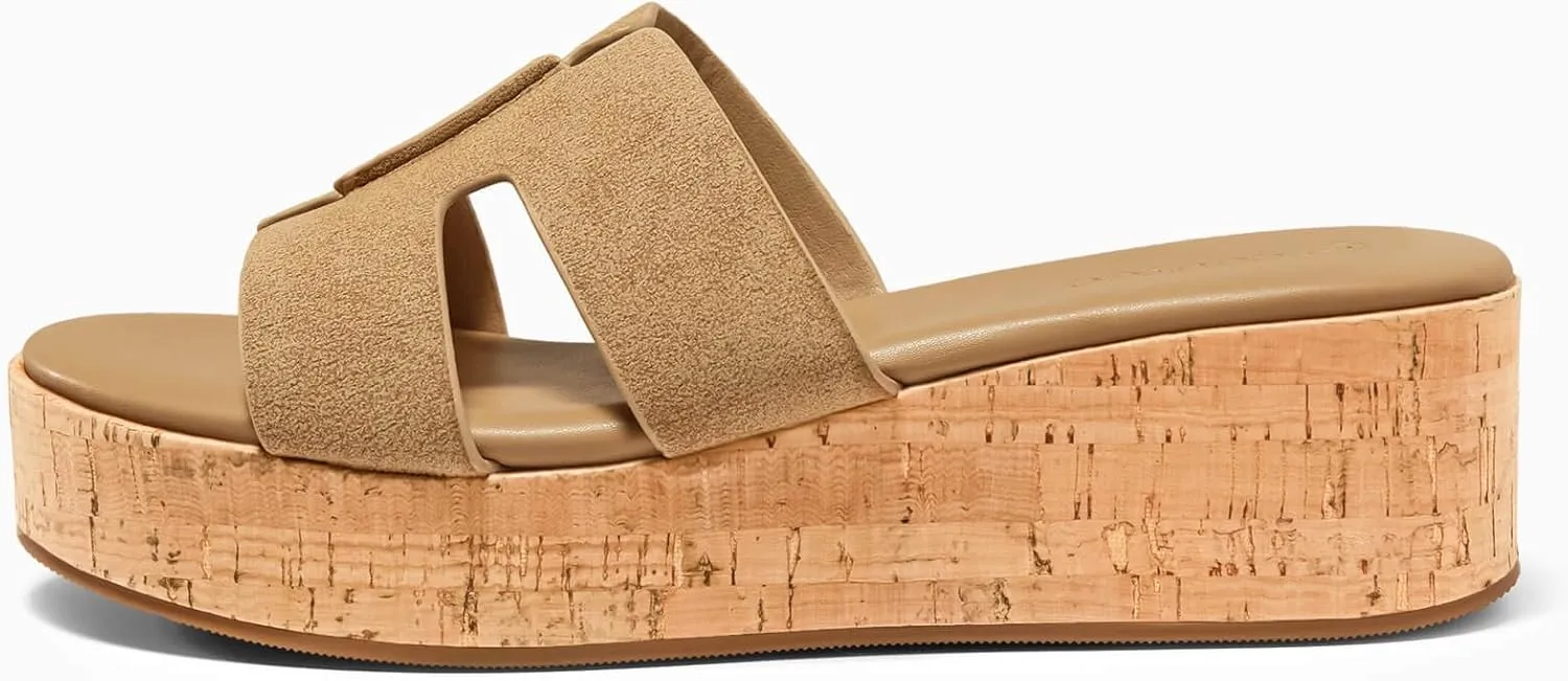 Coutgo Women's Platform Wedge Sandals Open Toe Slip On Slides Cork Heeled Cutout Comfortable Summer Shoes