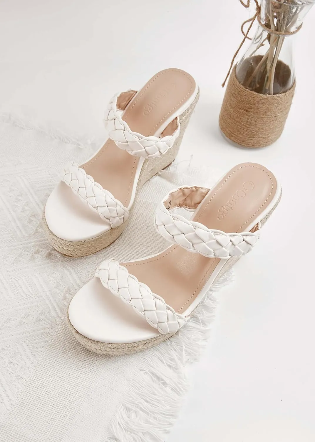 Coutgo Womens Wedge Platform Sandals Espadrilles Two Strap Woven Slip On Summer Cute Slide Sandals