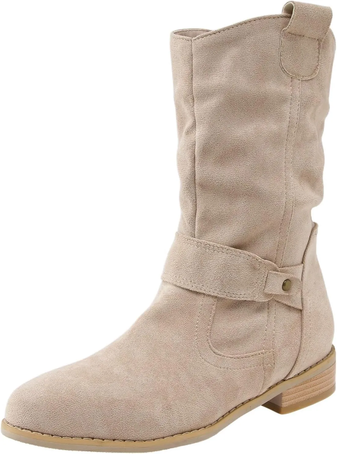 Cowboy Boots for Women Casual Mid Calf Flat Boots Pull on Round Toe Side Zip Cowgirl Fall and Winter Fashion Boots