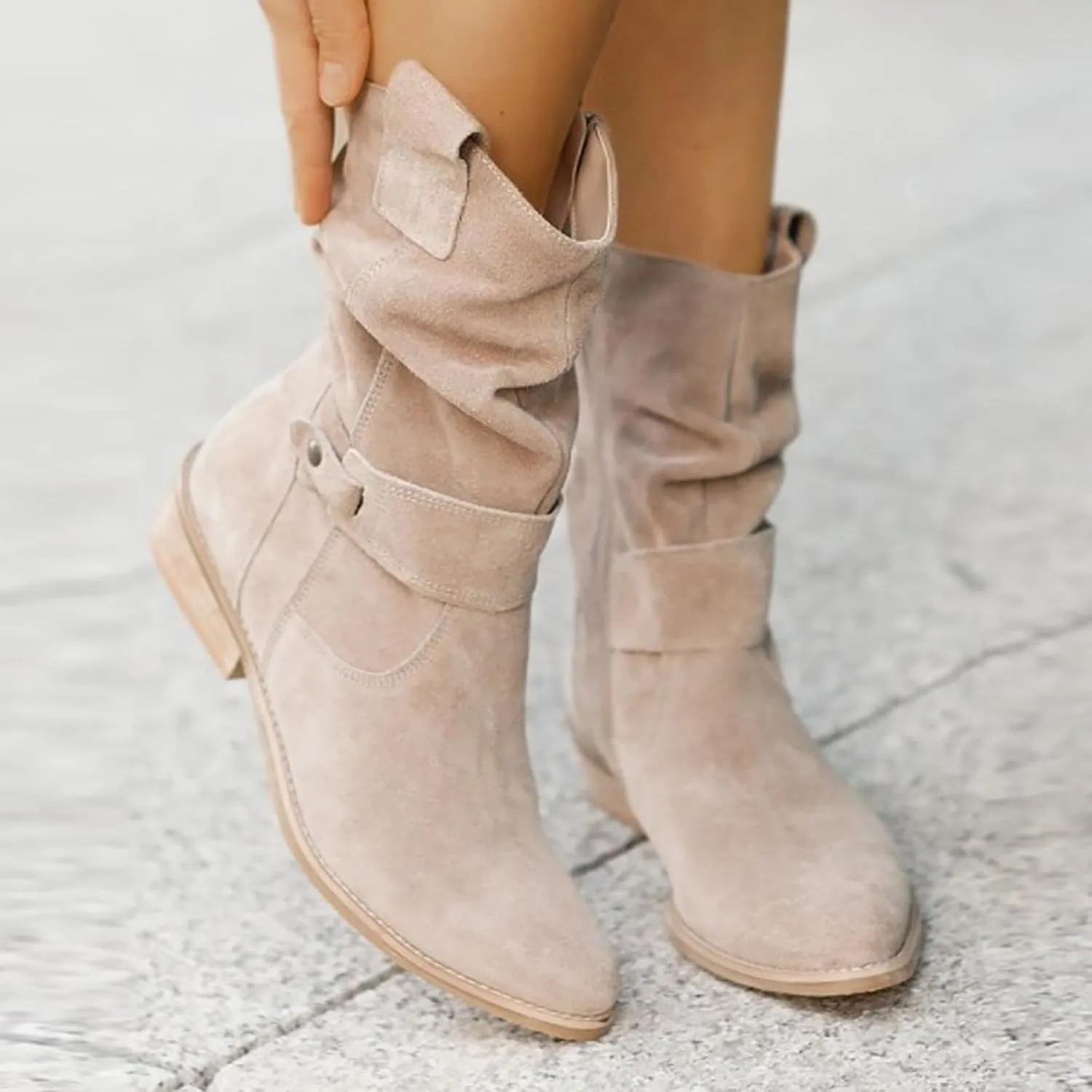 Cowboy Boots for Women Casual Mid Calf Flat Boots Pull on Round Toe Side Zip Cowgirl Fall and Winter Fashion Boots