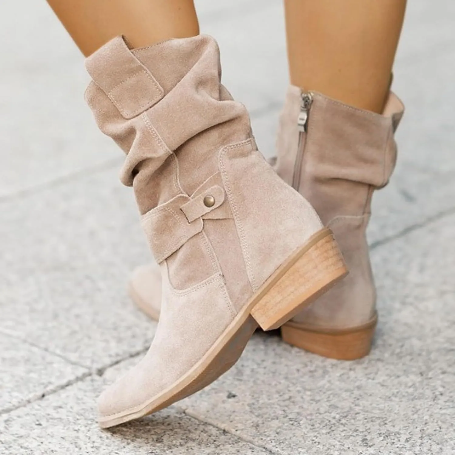Cowboy Boots for Women Casual Mid Calf Flat Boots Pull on Round Toe Side Zip Cowgirl Fall and Winter Fashion Boots