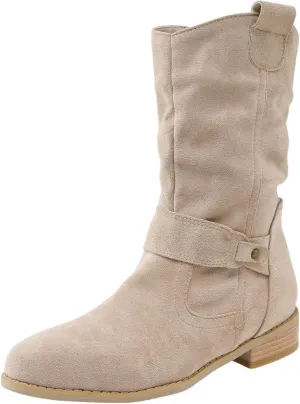 Cowboy Boots for Women Casual Mid Calf Flat Boots Pull on Round Toe Side Zip Cowgirl Fall and Winter Fashion Boots