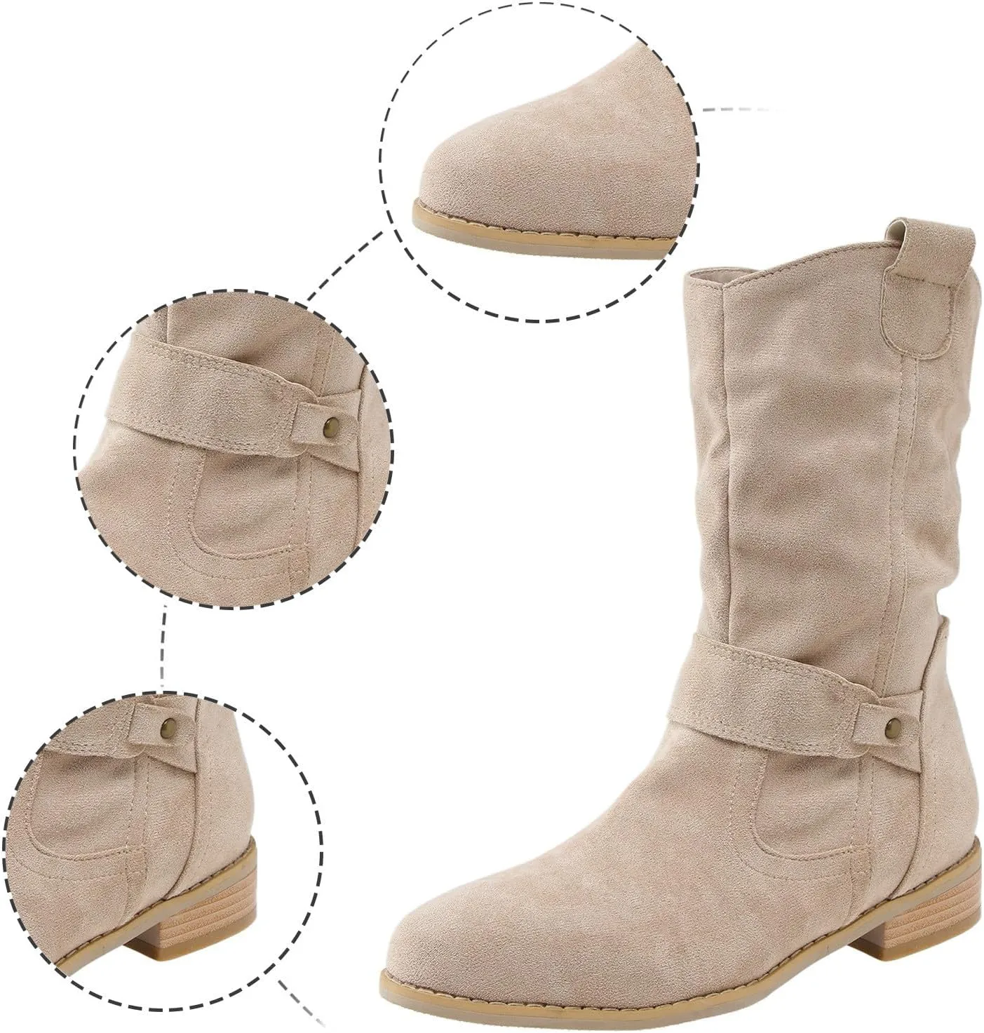 Cowboy Boots for Women Casual Mid Calf Flat Boots Pull on Round Toe Side Zip Cowgirl Fall and Winter Fashion Boots