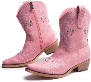 Cowboy Boots for Women, Cowgirl Boots with Sparkly Embroidered Rhinestones, Short Western Ankle Boots for Women with Side Zipper Pull On