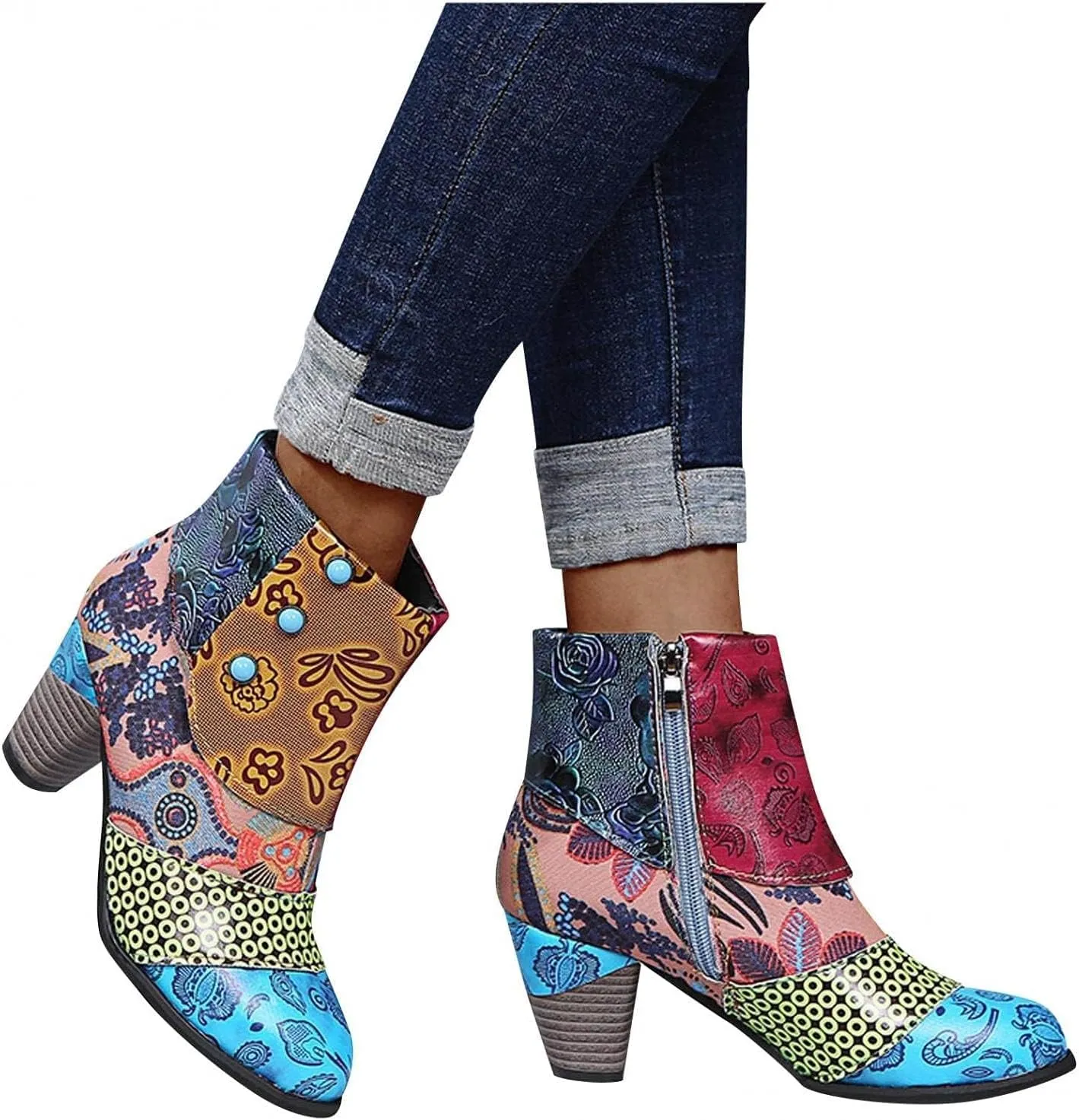 Cowboy Boots Woman 2024 Retro Lambskin High Heel Boots，Leather Round Toe Pump Ankle Booties Trendy Chunky High Heels Dress Short Boots for Ladies