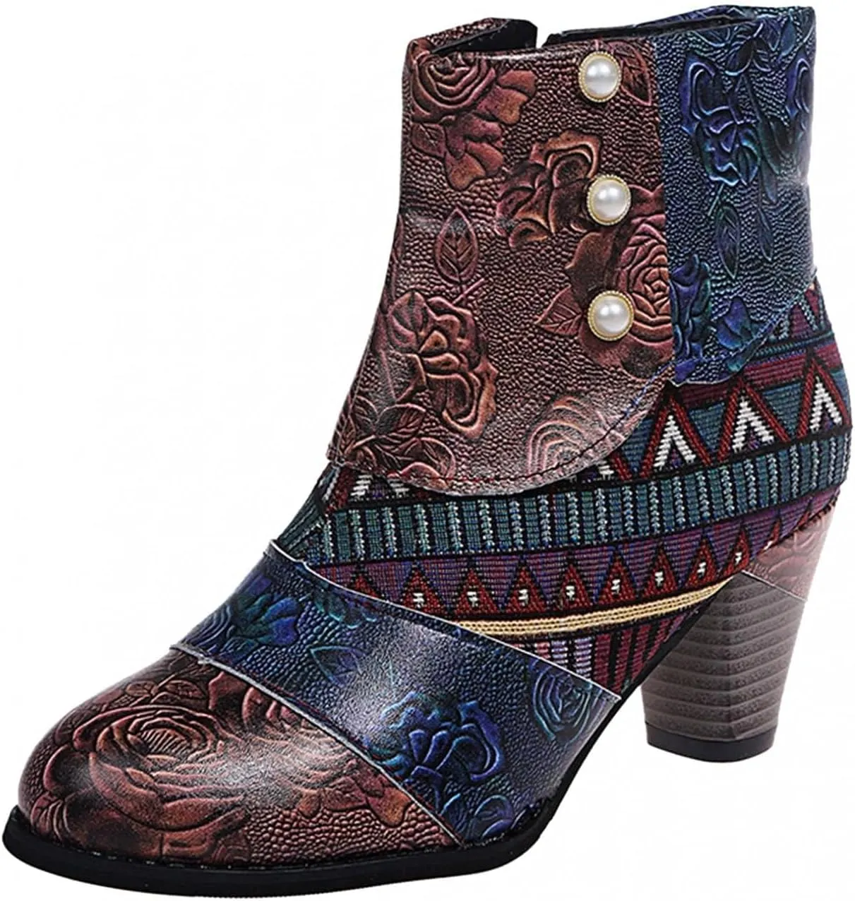 Cowboy Boots Woman 2024 Retro Lambskin High Heel Boots，Leather Round Toe Pump Ankle Booties Trendy Chunky High Heels Dress Short Boots for Ladies