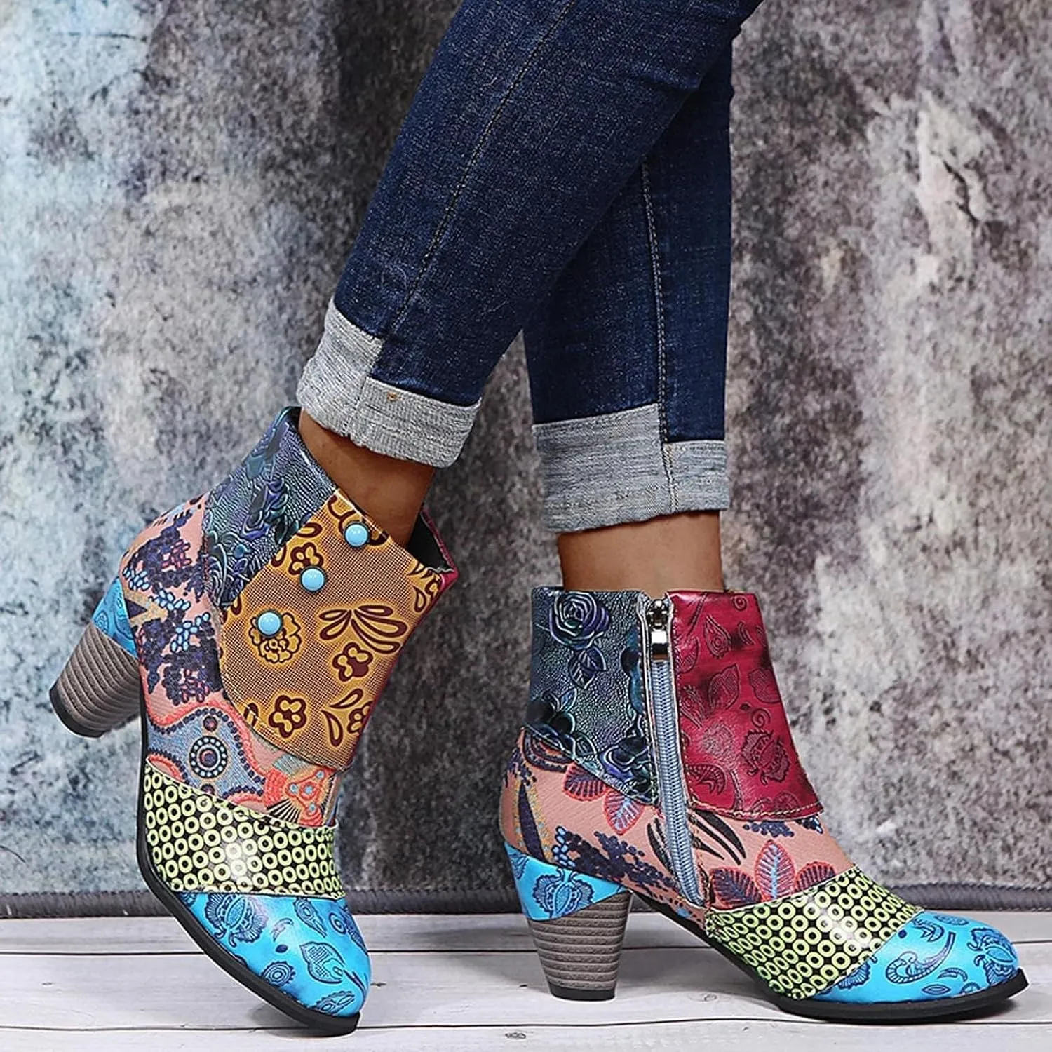 Cowboy Boots Woman 2024 Retro Lambskin High Heel Boots，Leather Round Toe Pump Ankle Booties Trendy Chunky High Heels Dress Short Boots for Ladies