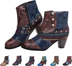 Cowboy Boots Woman 2024 Retro Lambskin High Heel Boots，Leather Round Toe Pump Ankle Booties Trendy Chunky High Heels Dress Short Boots for Ladies
