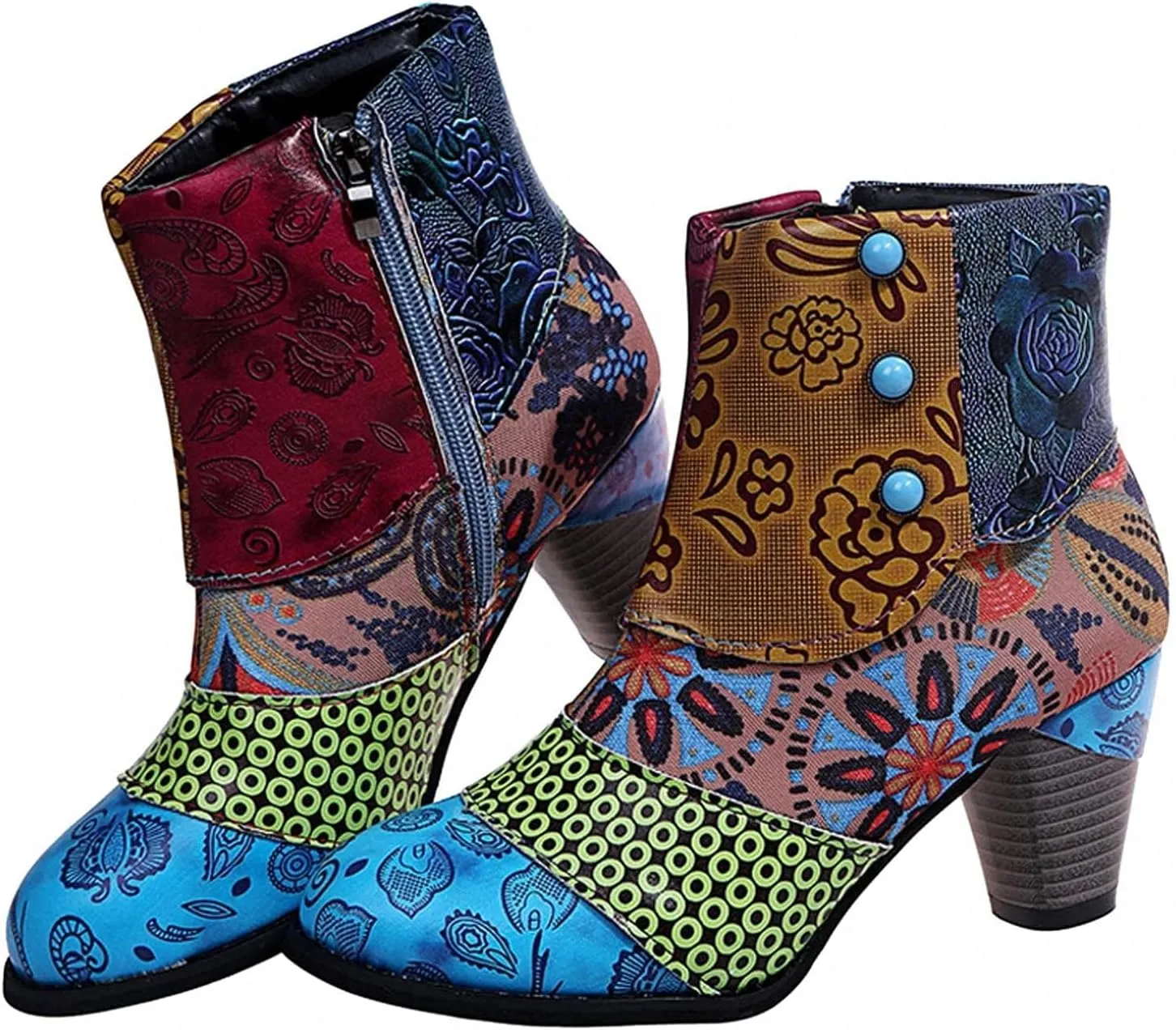 Cowboy Boots Woman 2024 Retro Lambskin High Heel Boots，Leather Round Toe Pump Ankle Booties Trendy Chunky High Heels Dress Short Boots for Ladies