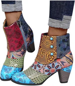Cowboy Boots Woman 2024 Retro Lambskin High Heel Boots，Leather Round Toe Pump Ankle Booties Trendy Chunky High Heels Dress Short Boots for Ladies