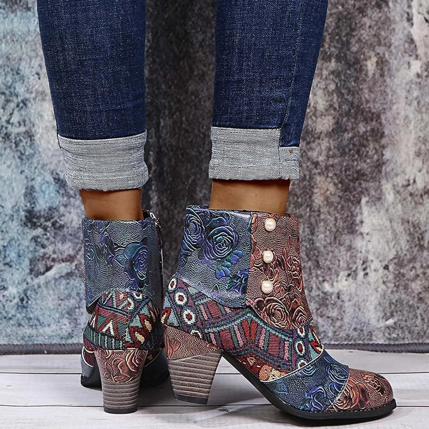 Cowboy Boots Woman 2024 Retro Lambskin High Heel Boots，Leather Round Toe Pump Ankle Booties Trendy Chunky High Heels Dress Short Boots for Ladies