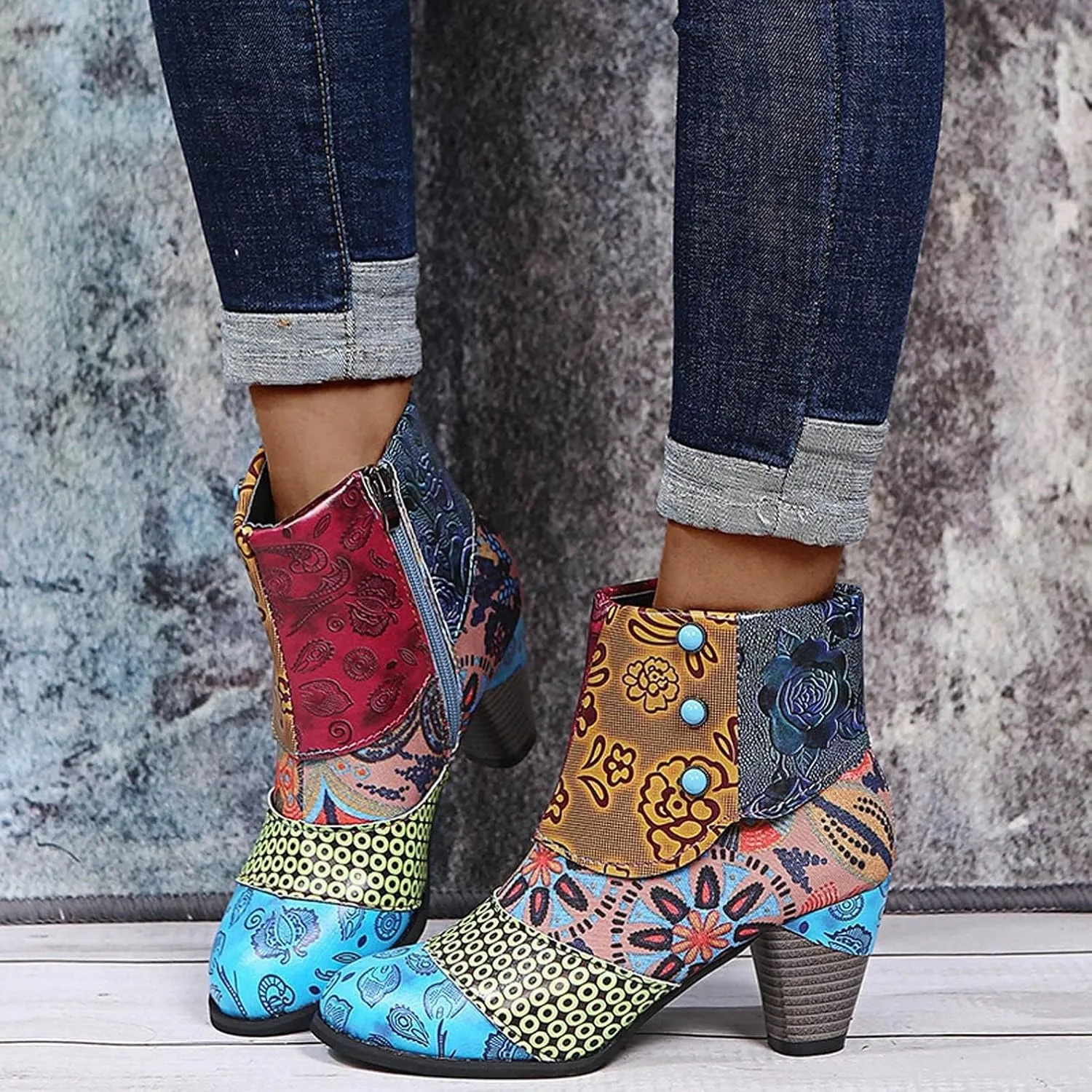 Cowboy Boots Woman 2024 Retro Lambskin High Heel Boots，Leather Round Toe Pump Ankle Booties Trendy Chunky High Heels Dress Short Boots for Ladies