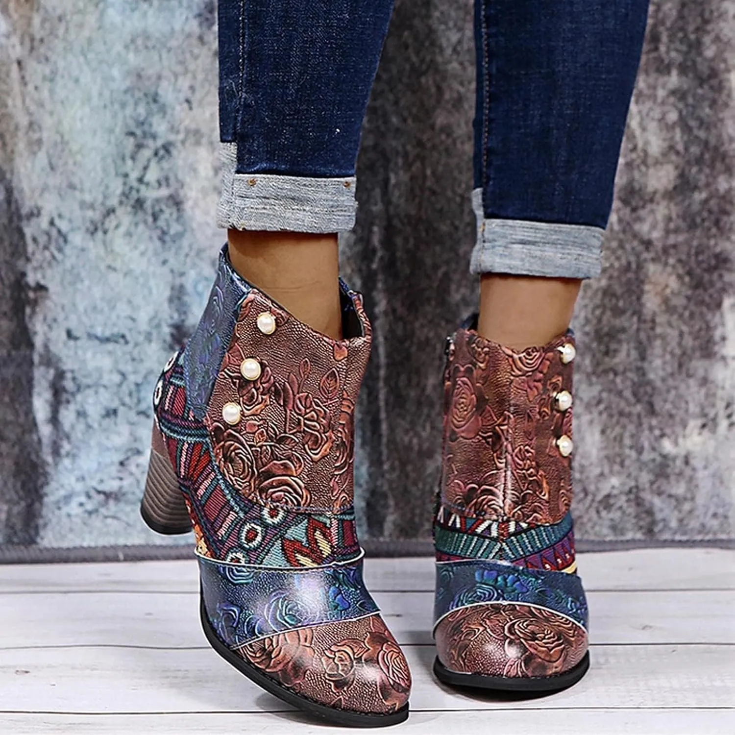 Cowboy Boots Woman 2024 Retro Lambskin High Heel Boots，Leather Round Toe Pump Ankle Booties Trendy Chunky High Heels Dress Short Boots for Ladies