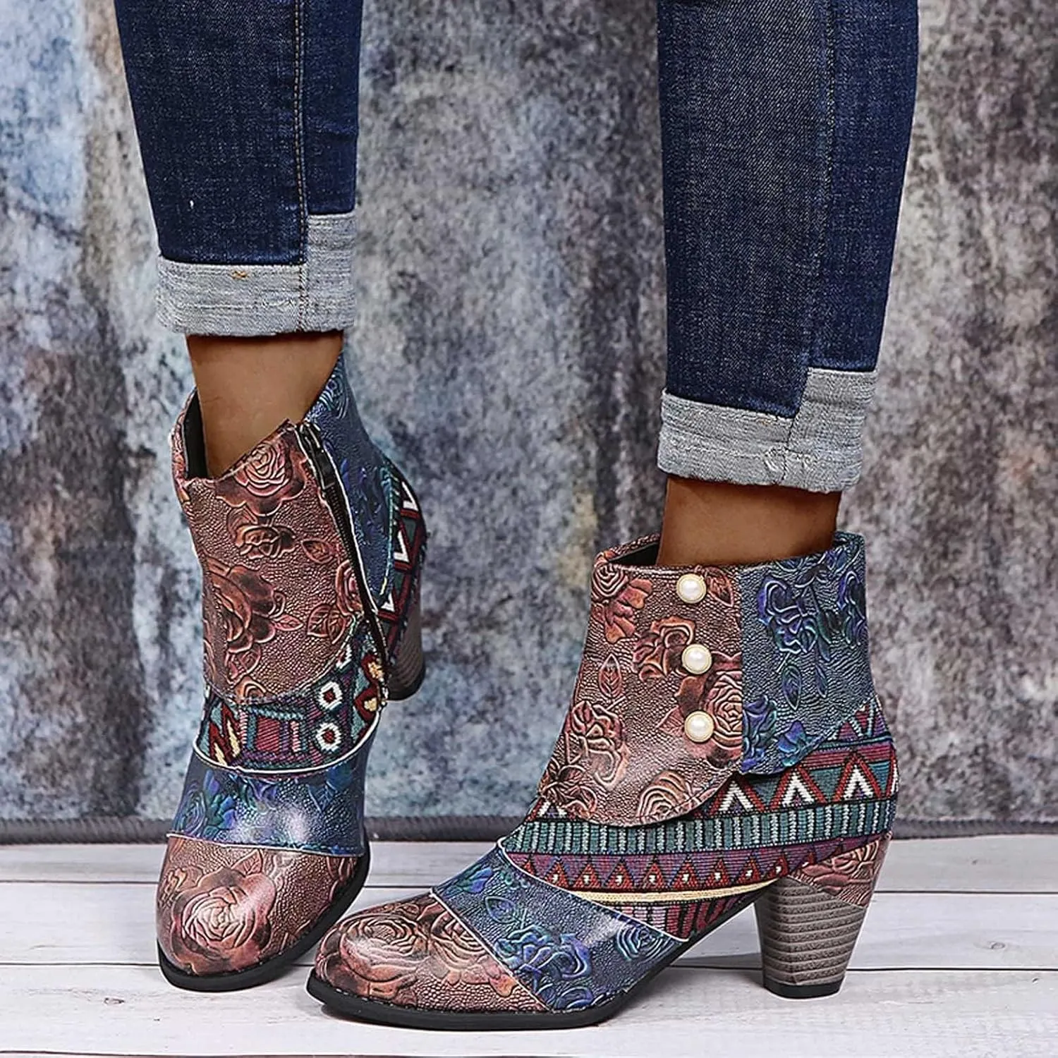 Cowboy Boots Woman 2024 Retro Lambskin High Heel Boots，Leather Round Toe Pump Ankle Booties Trendy Chunky High Heels Dress Short Boots for Ladies