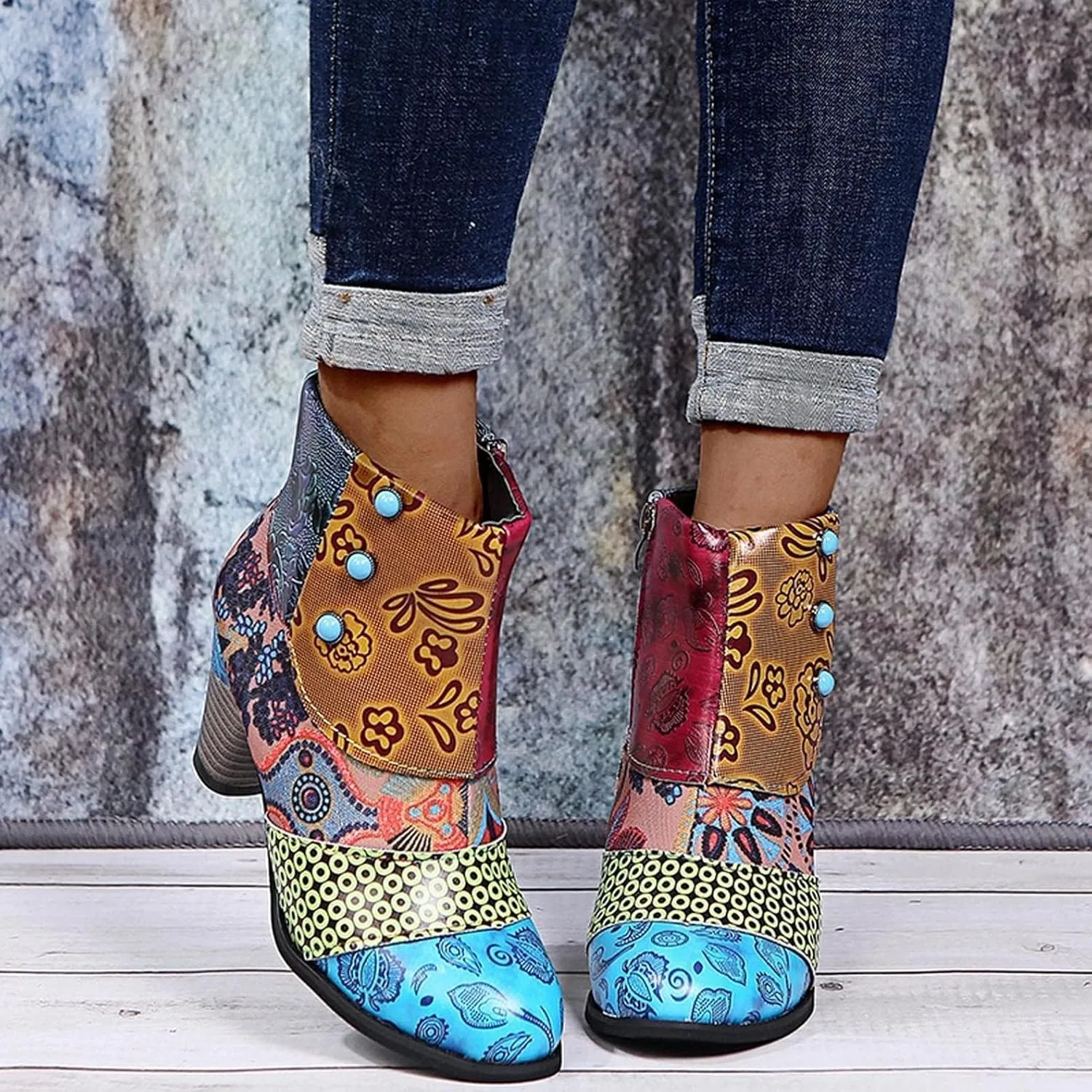 Cowboy Boots Woman 2024 Retro Lambskin High Heel Boots，Leather Round Toe Pump Ankle Booties Trendy Chunky High Heels Dress Short Boots for Ladies