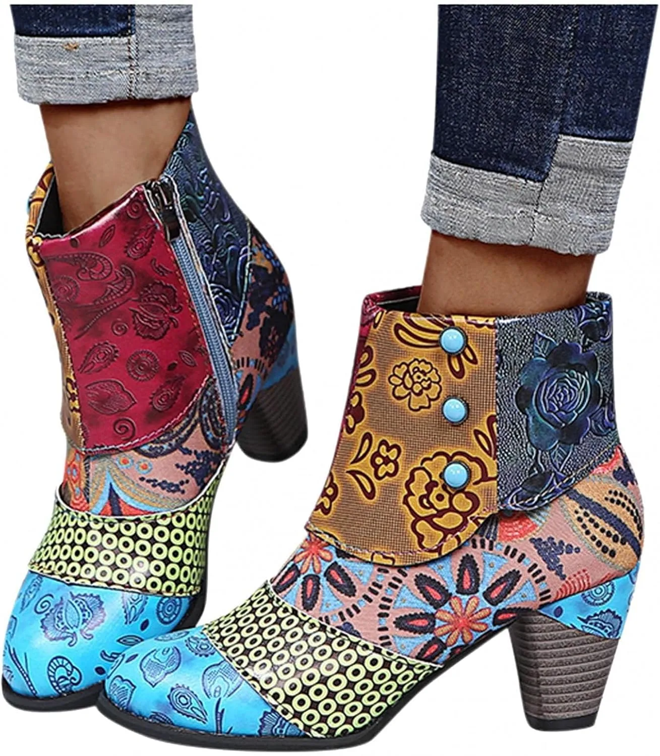 Cowboy Boots Woman 2024 Retro Lambskin High Heel Boots，Leather Round Toe Pump Ankle Booties Trendy Chunky High Heels Dress Short Boots for Ladies