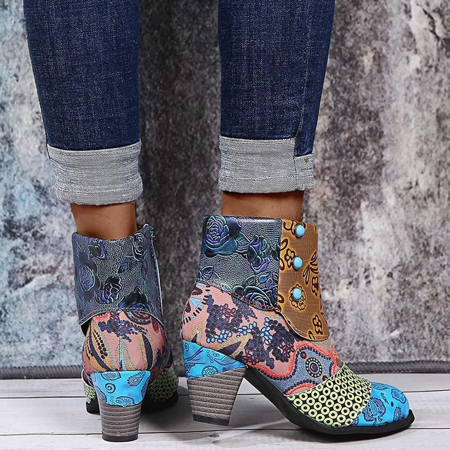 Cowboy Boots Woman 2024 Retro Lambskin High Heel Boots，Leather Round Toe Pump Ankle Booties Trendy Chunky High Heels Dress Short Boots for Ladies