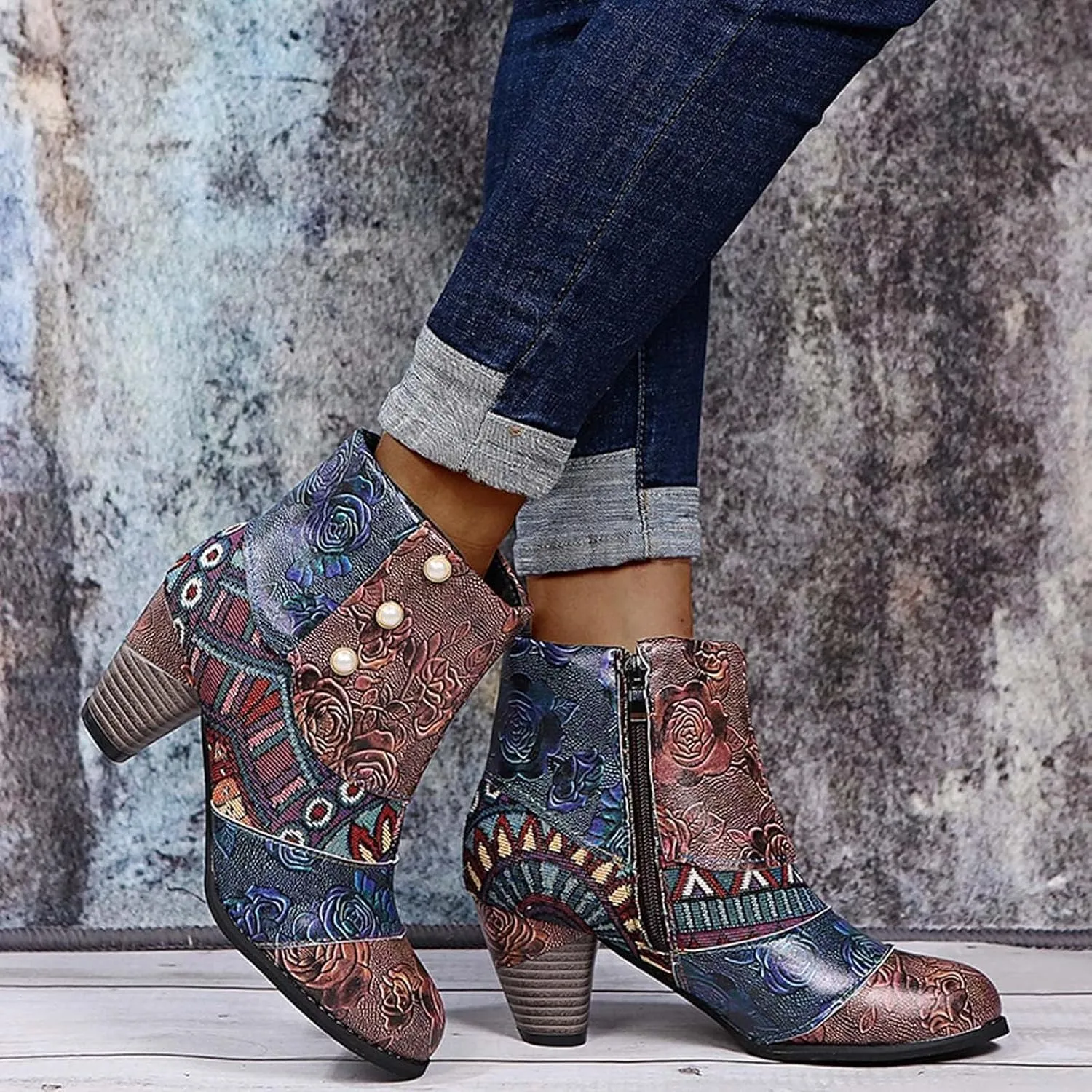 Cowboy Boots Woman 2024 Retro Lambskin High Heel Boots，Leather Round Toe Pump Ankle Booties Trendy Chunky High Heels Dress Short Boots for Ladies
