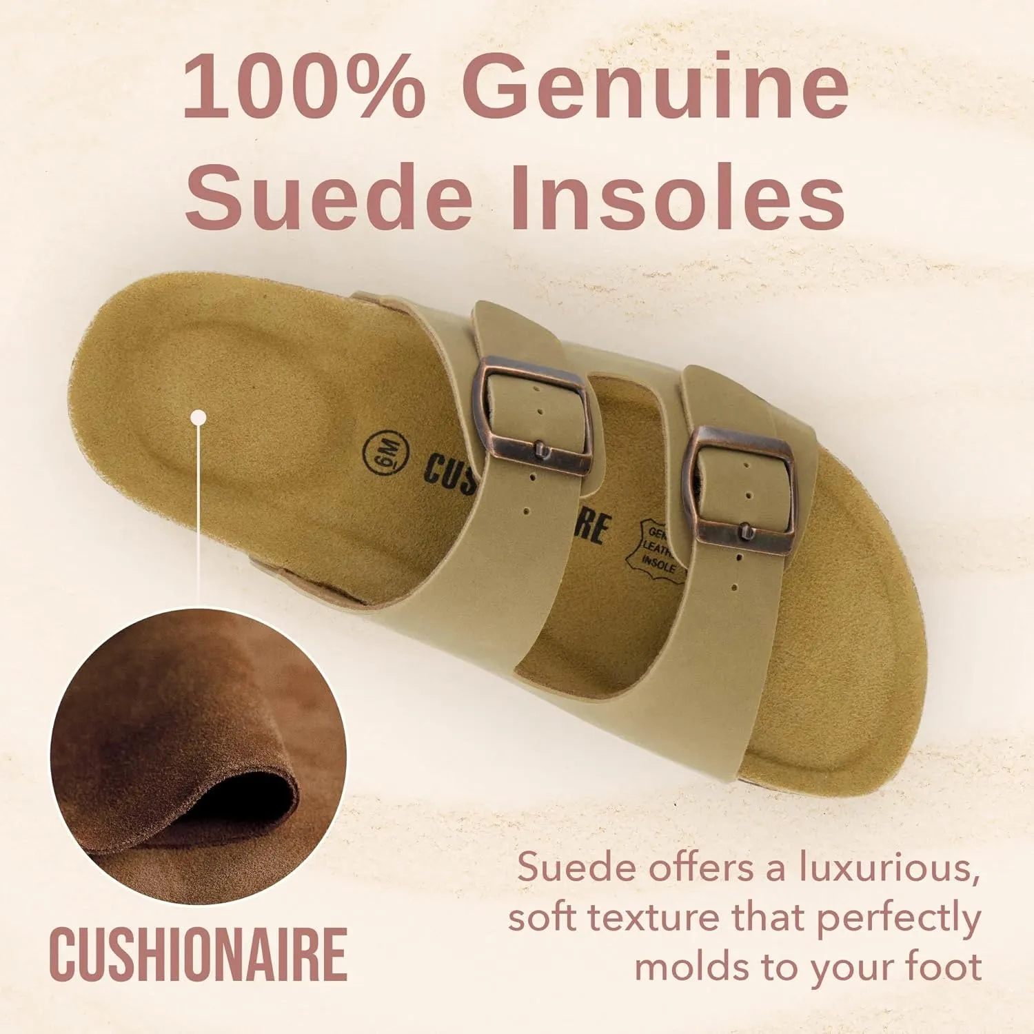 CUSHIONAIRE Lane Cork Footbed Sandals for Women – Comfortable Double Buckle Slip-On with Genuine Suede Footbed & Arch Support Slides for Women Footwear