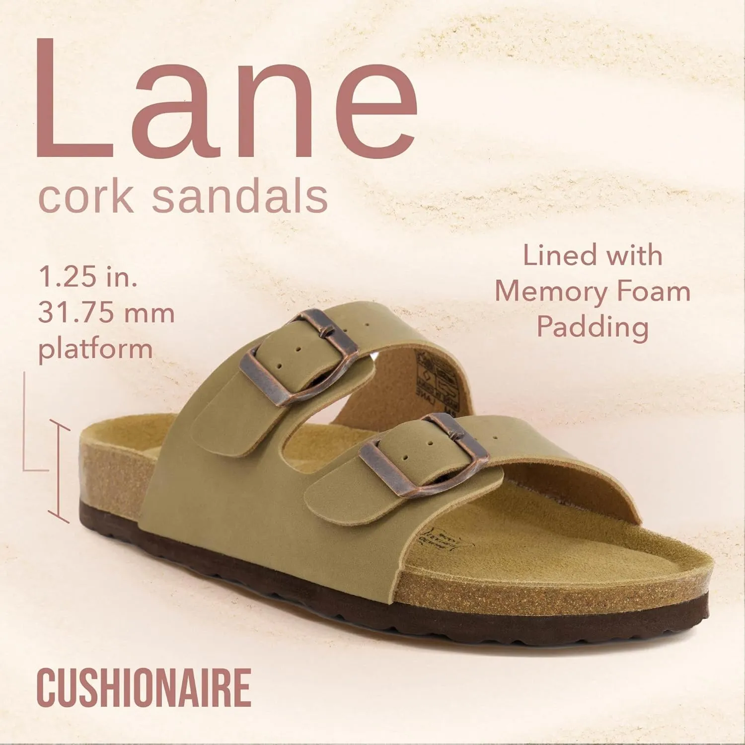CUSHIONAIRE Lane Cork Footbed Sandals for Women – Comfortable Double Buckle Slip-On with Genuine Suede Footbed & Arch Support Slides for Women Footwear
