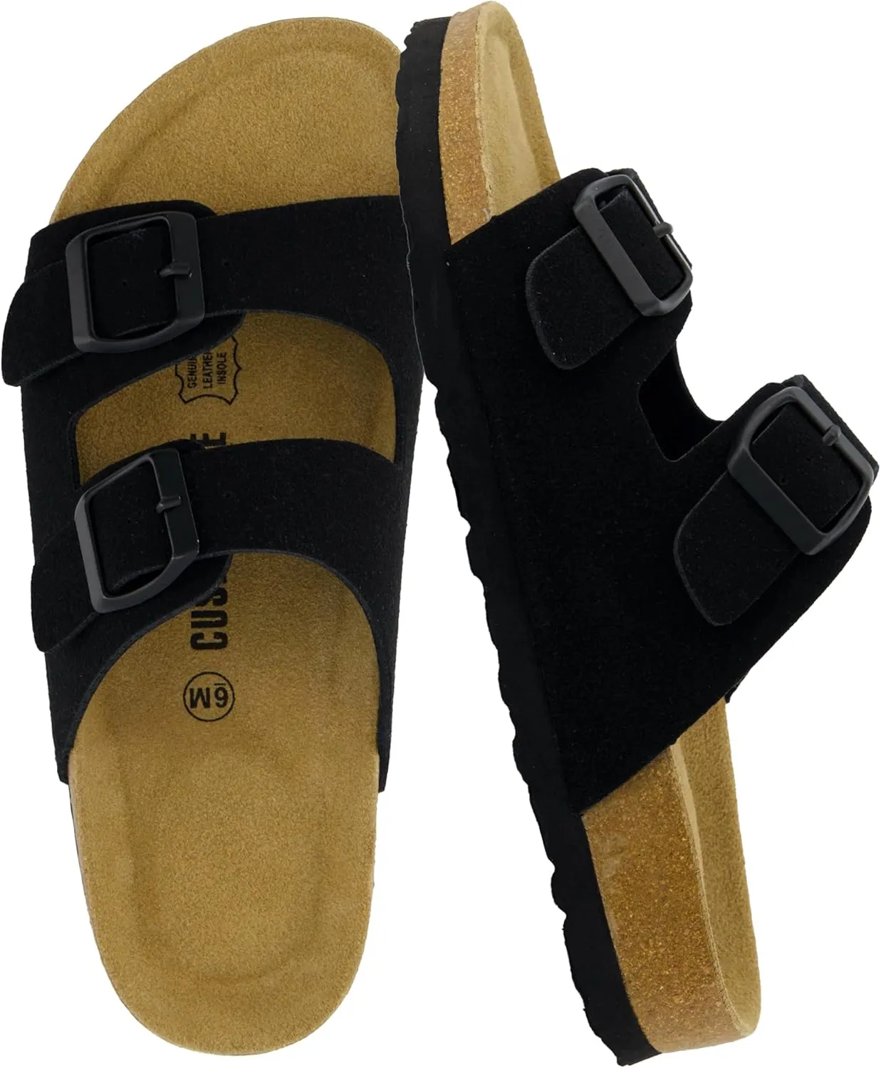 CUSHIONAIRE Lane Cork Footbed Sandals for Women – Comfortable Double Buckle Slip-On with Genuine Suede Footbed & Arch Support Slides for Women Footwear