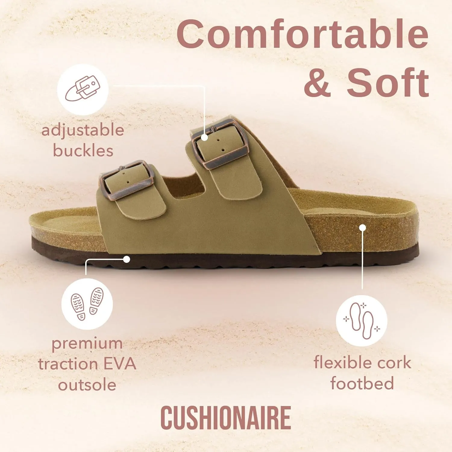 CUSHIONAIRE Lane Cork Footbed Sandals for Women – Comfortable Double Buckle Slip-On with Genuine Suede Footbed & Arch Support Slides for Women Footwear