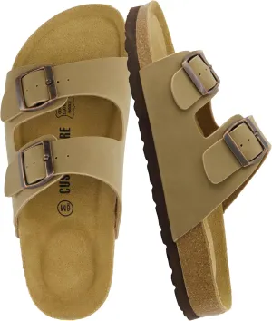 CUSHIONAIRE Lane Cork Footbed Sandals for Women – Comfortable Double Buckle Slip-On with Genuine Suede Footbed & Arch Support Slides for Women Footwear