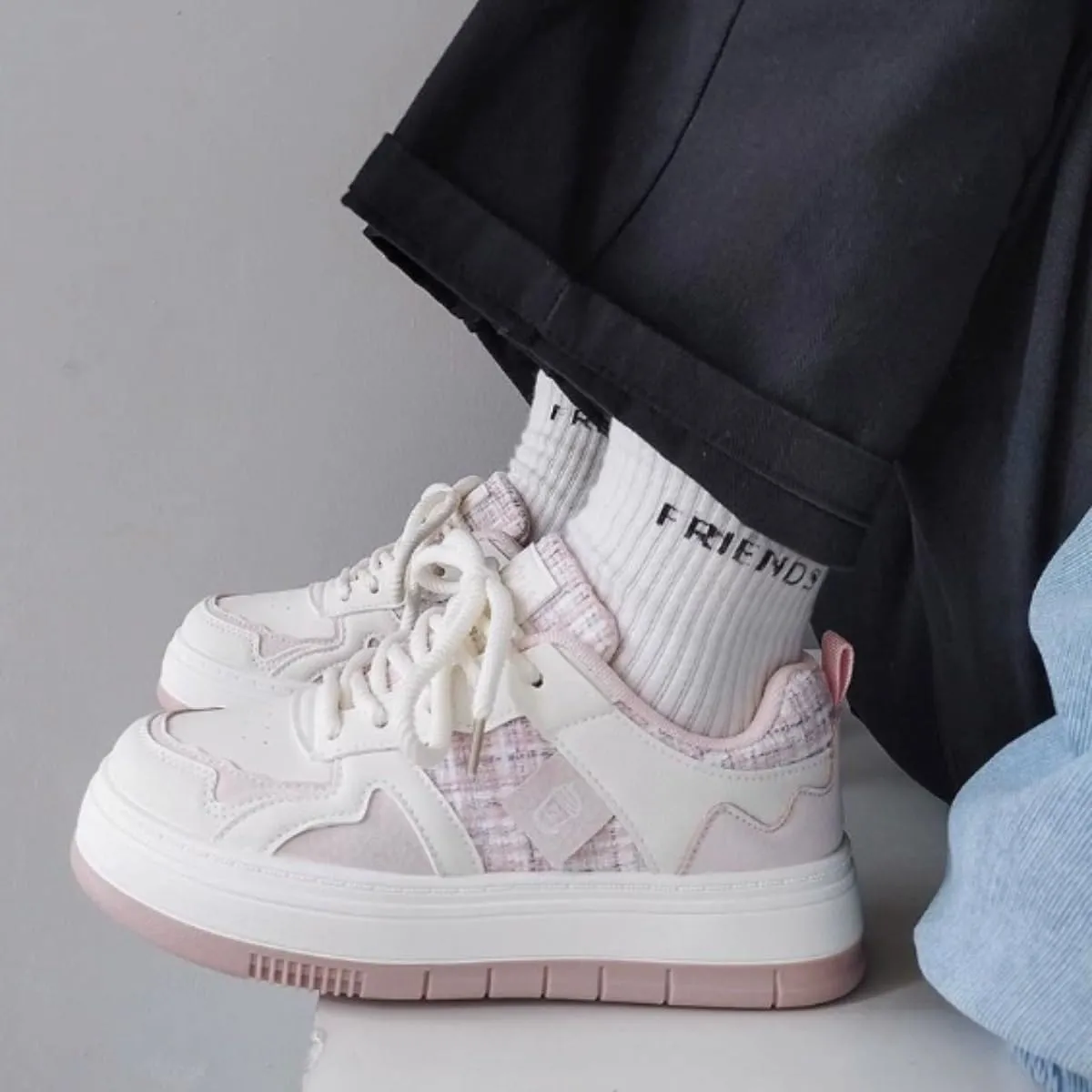 Cute Women's Plaid Tweed Platform Sneakers - Fashion Chunky Sole Lace-Up Shoes, Casual Comfort Athletic Skate Shoes with Contrast Panels
