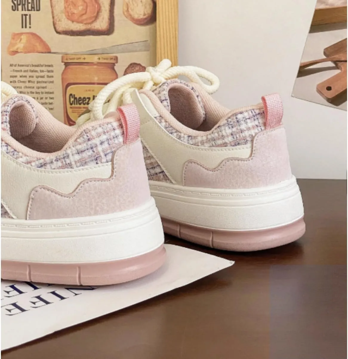 Cute Women's Plaid Tweed Platform Sneakers - Fashion Chunky Sole Lace-Up Shoes, Casual Comfort Athletic Skate Shoes with Contrast Panels