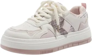 Cute Women's Plaid Tweed Platform Sneakers - Fashion Chunky Sole Lace-Up Shoes, Casual Comfort Athletic Skate Shoes with Contrast Panels