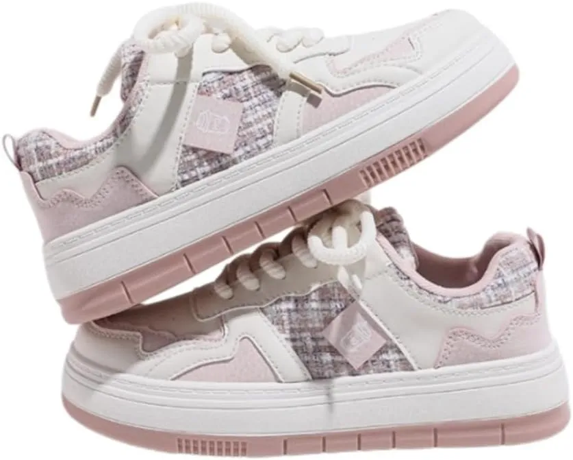 Cute Women's Plaid Tweed Platform Sneakers - Fashion Chunky Sole Lace-Up Shoes, Casual Comfort Athletic Skate Shoes with Contrast Panels