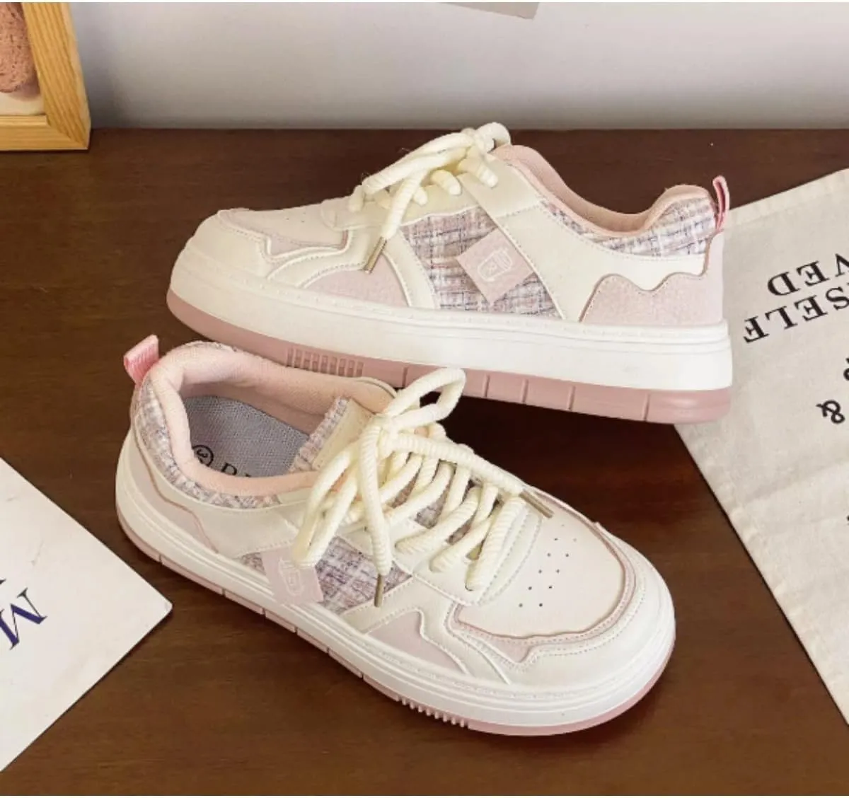 Cute Women's Plaid Tweed Platform Sneakers - Fashion Chunky Sole Lace-Up Shoes, Casual Comfort Athletic Skate Shoes with Contrast Panels