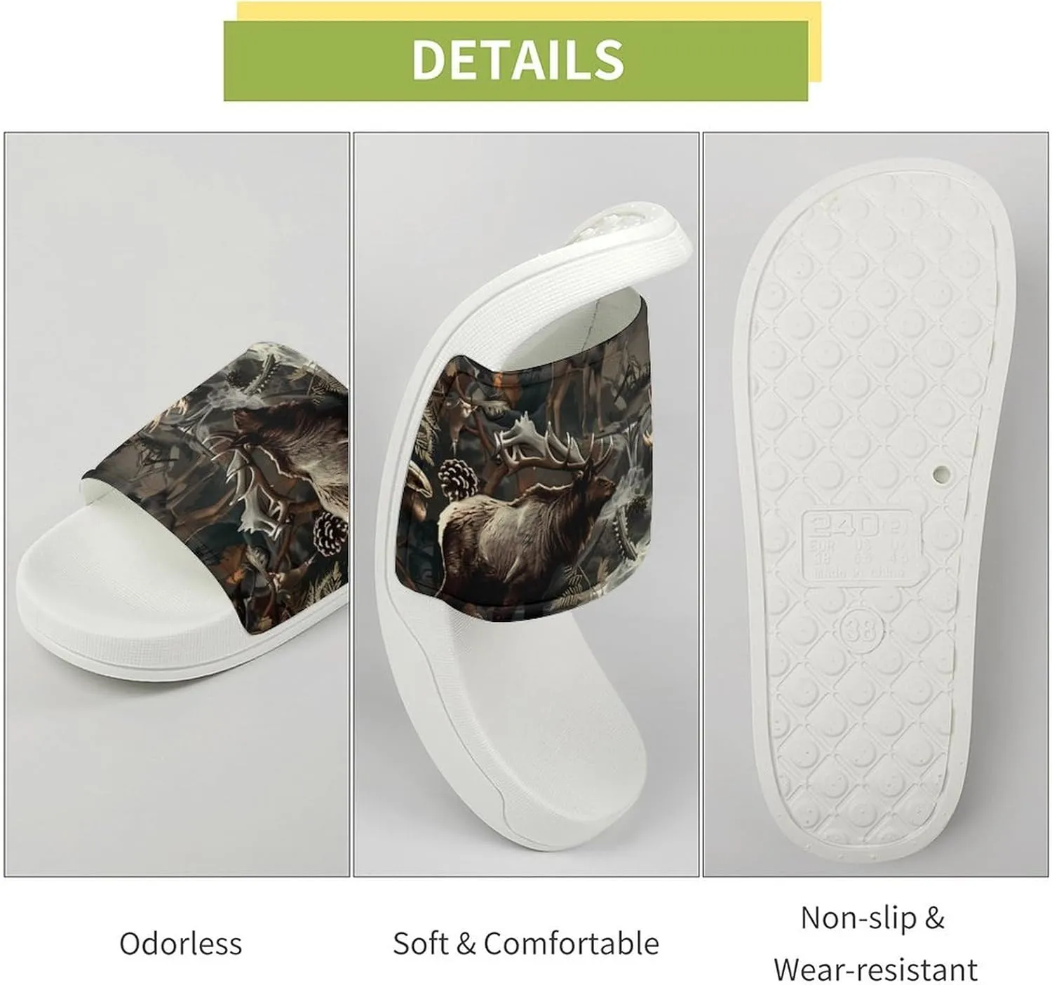 Deer Hunting Camouflage Bear Home Slipper PVC Shower Slipper Non-Slip Open Toe Slipper Soft Sole Pool Sandals for Men Women