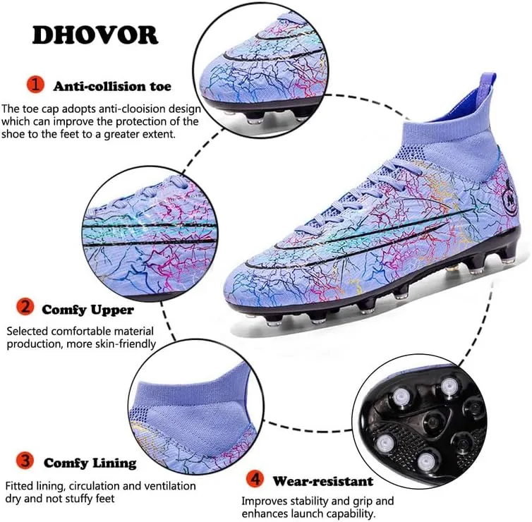 DHOVOR Womens Soccer Cleats Youth High-Top Football Cleats Anti Slip Athletics Football Trainers Outdoor Soccer Shoes