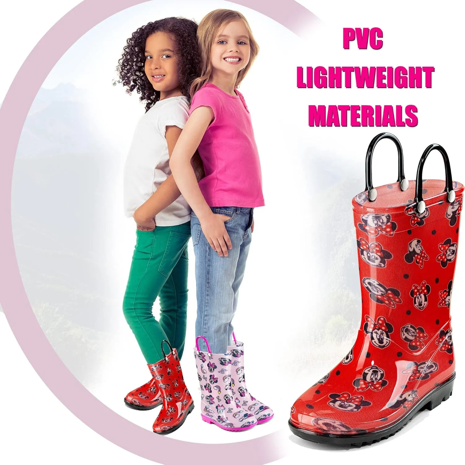 Disney Minnie Mouse Girls' Waterproof PVC Rain Boots with Easy-On Handles – Toddler & Little Kid Sizes