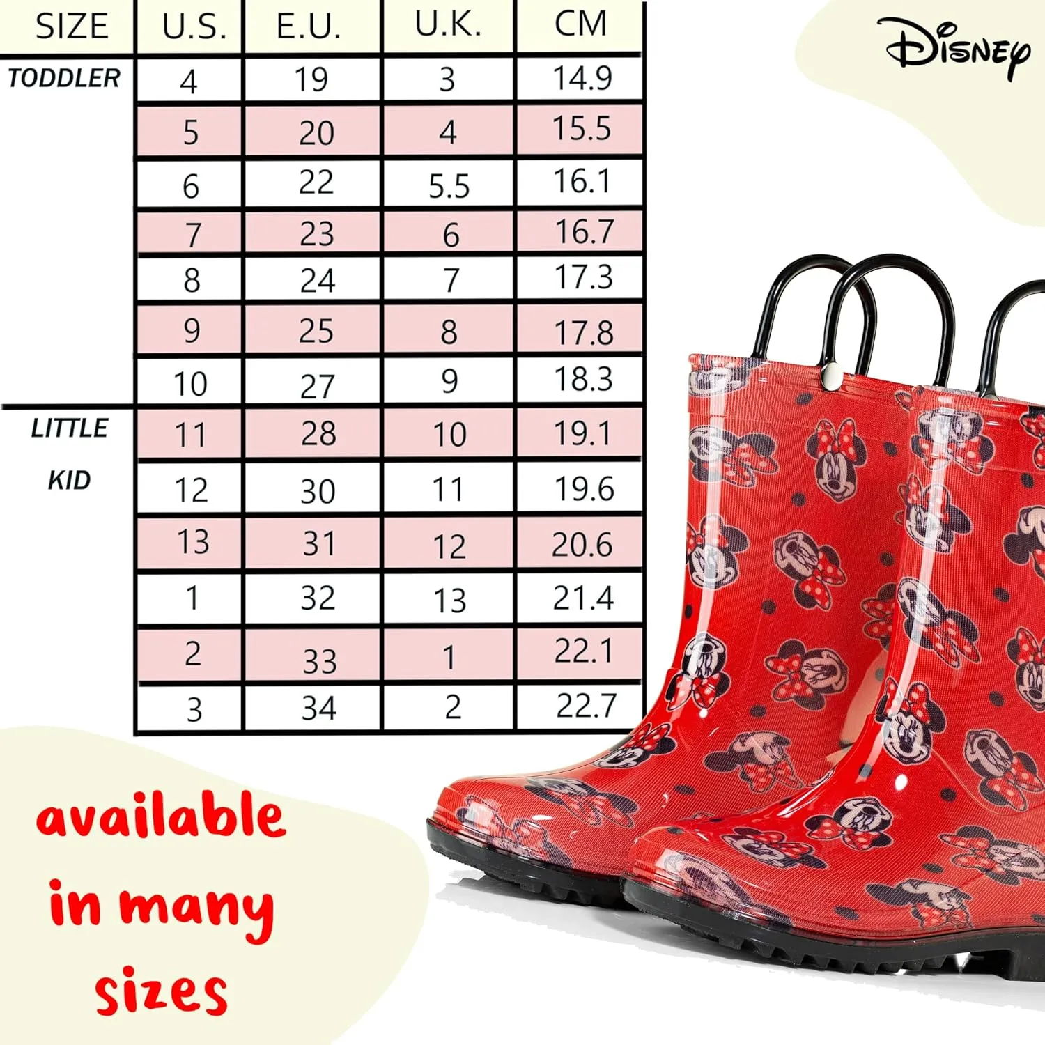 Disney Minnie Mouse Girls' Waterproof PVC Rain Boots with Easy-On Handles – Toddler & Little Kid Sizes