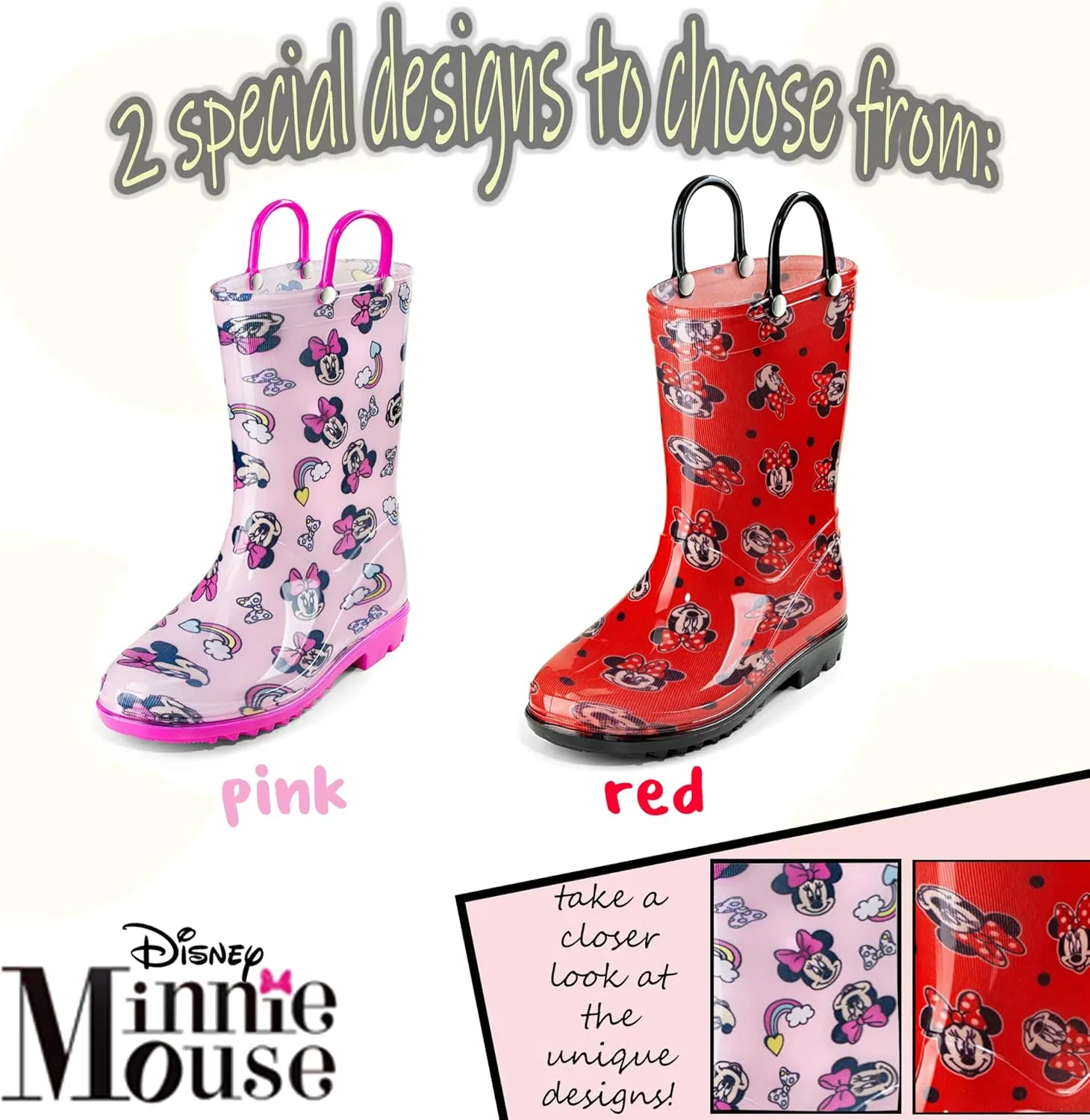Disney Minnie Mouse Girls' Waterproof PVC Rain Boots with Easy-On Handles – Toddler & Little Kid Sizes