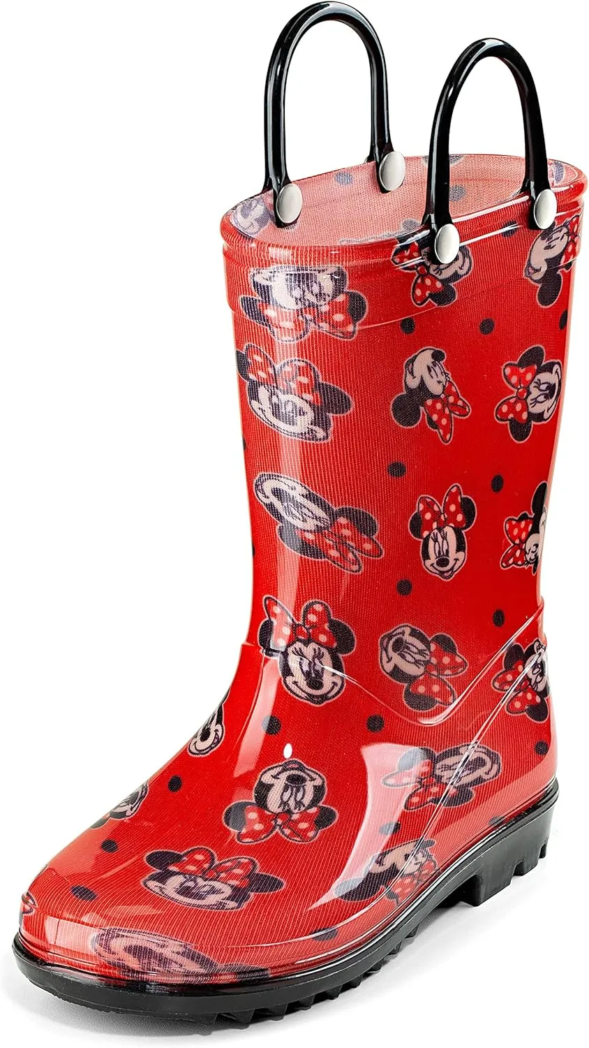Disney Minnie Mouse Girls' Waterproof PVC Rain Boots with Easy-On Handles – Toddler & Little Kid Sizes