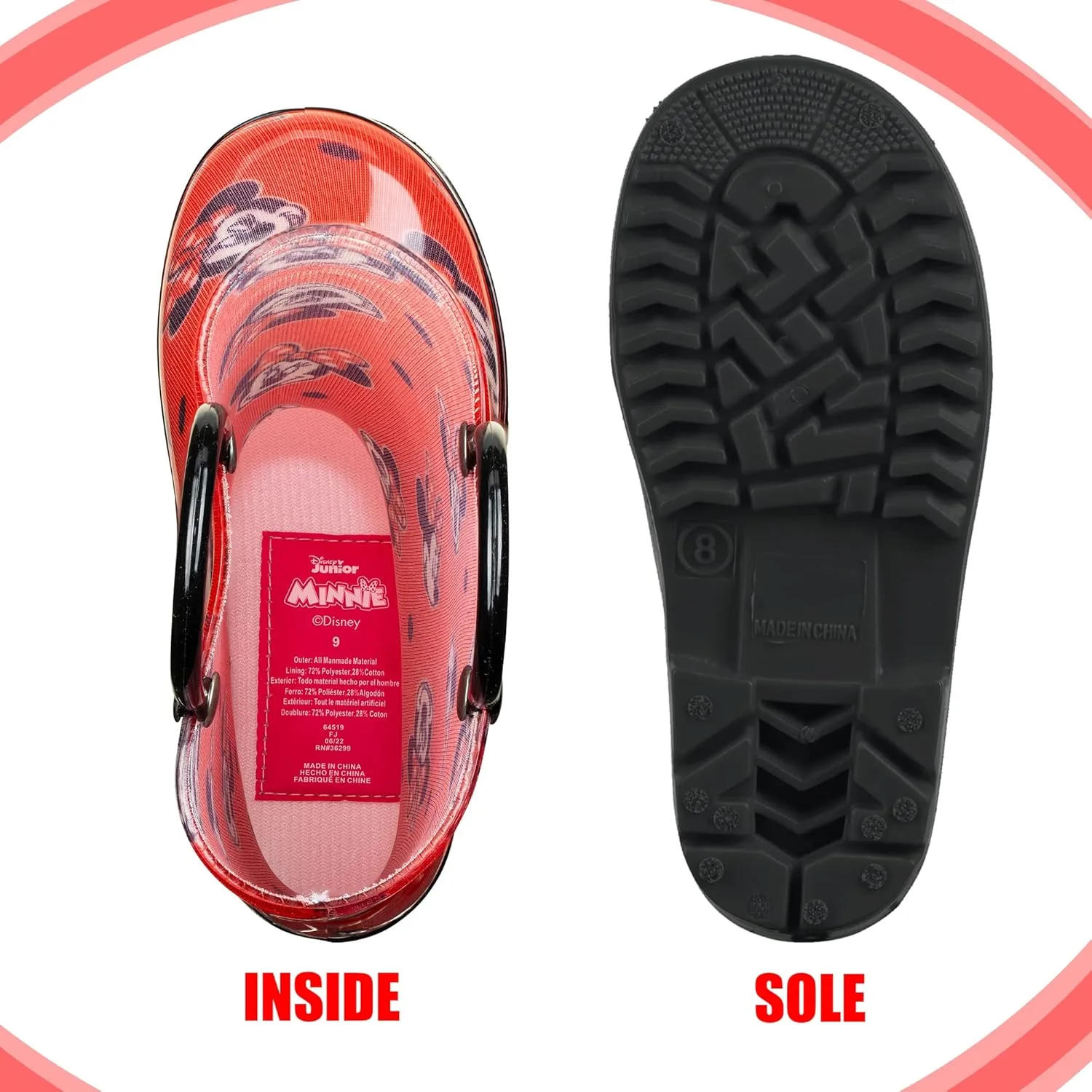 Disney Minnie Mouse Girls' Waterproof PVC Rain Boots with Easy-On Handles – Toddler & Little Kid Sizes