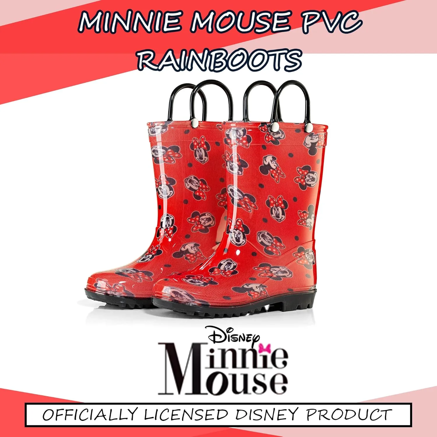 Disney Minnie Mouse Girls' Waterproof PVC Rain Boots with Easy-On Handles – Toddler & Little Kid Sizes